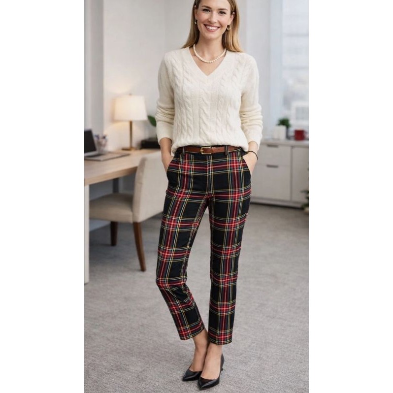J Crew Ruby Pants Sz 4 Tartan Plaid Career Preppy Academia Stretch Black Red Euc